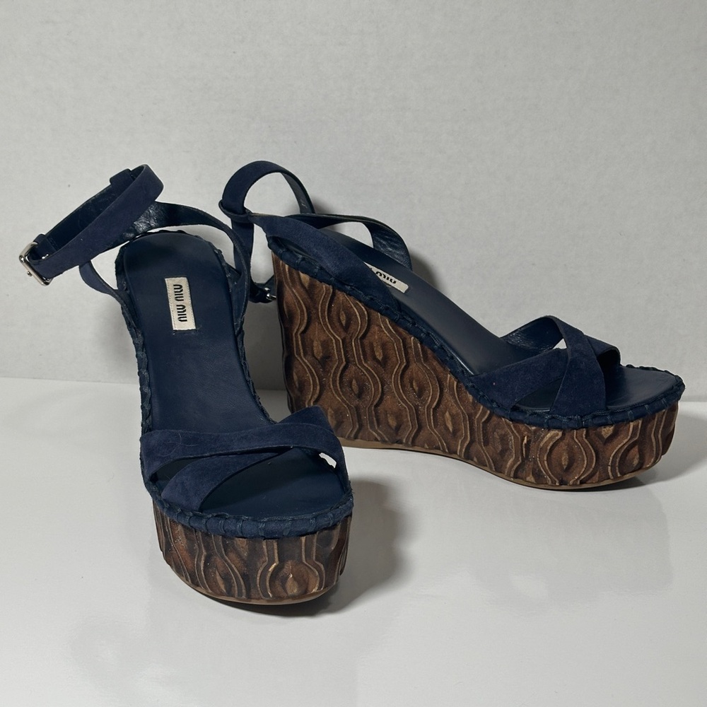 Miu Miu Suede Wooden Wedge Strappy Sandals